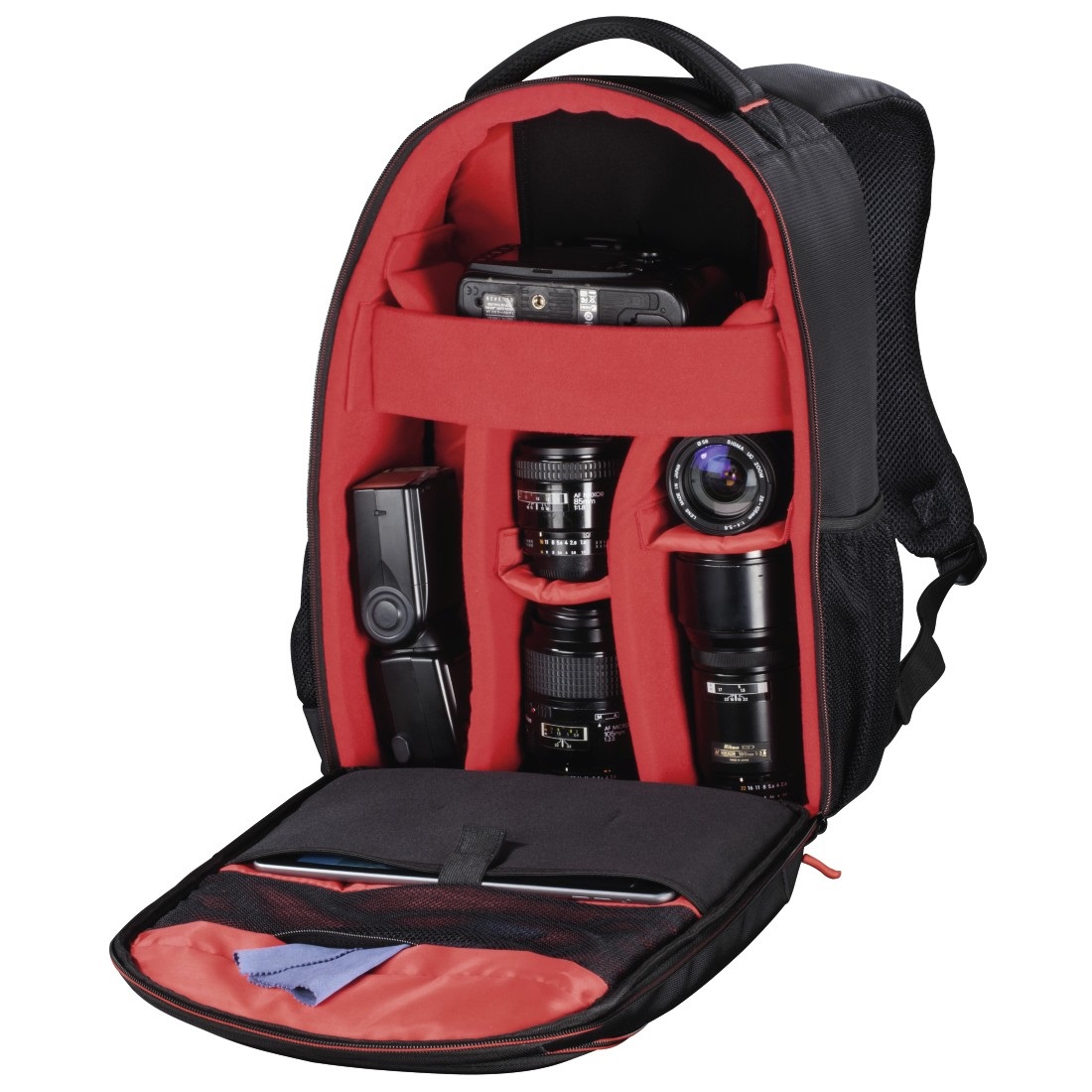 Hama Zaino Miami 190 Ergonomico Nero/Rosso (27x12x34 cm) con Vano Fotocamera Imbottito e 8 Divisori Interni Rimovibili