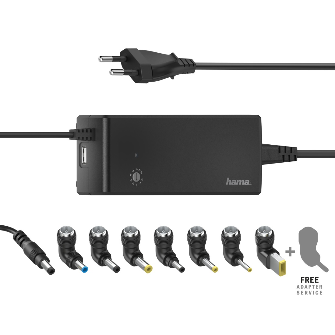 Hama 00200004 Caricabatterie Universale per Computer Portatile Nero - 90W, Tensione Uscita 12-22V, 8 Connettori, Porta USB