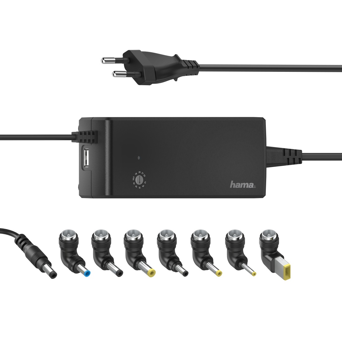 Hama 00200004 Caricabatterie Universale per Computer Portatile Nero - 90W, Tensione Uscita 12-22V, 8 Connettori, Porta USB