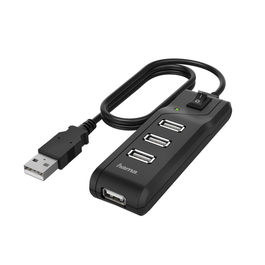 Hama Hub USB 2.0 da Tavolo, 4 Porte, Interruttore ON/OFF, Cavo Integrato, Velocità di Trasferimento Dati 480 Mbit/s, Nero