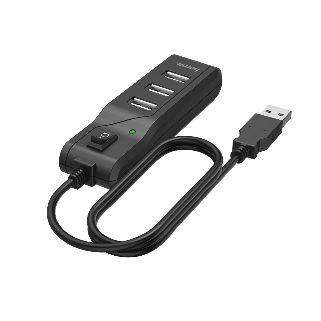 Hama Hub USB 2.0 da Tavolo, 4 Porte, Interruttore ON/OFF, Cavo Integrato, Velocità di Trasferimento Dati 480 Mbit/s, Nero