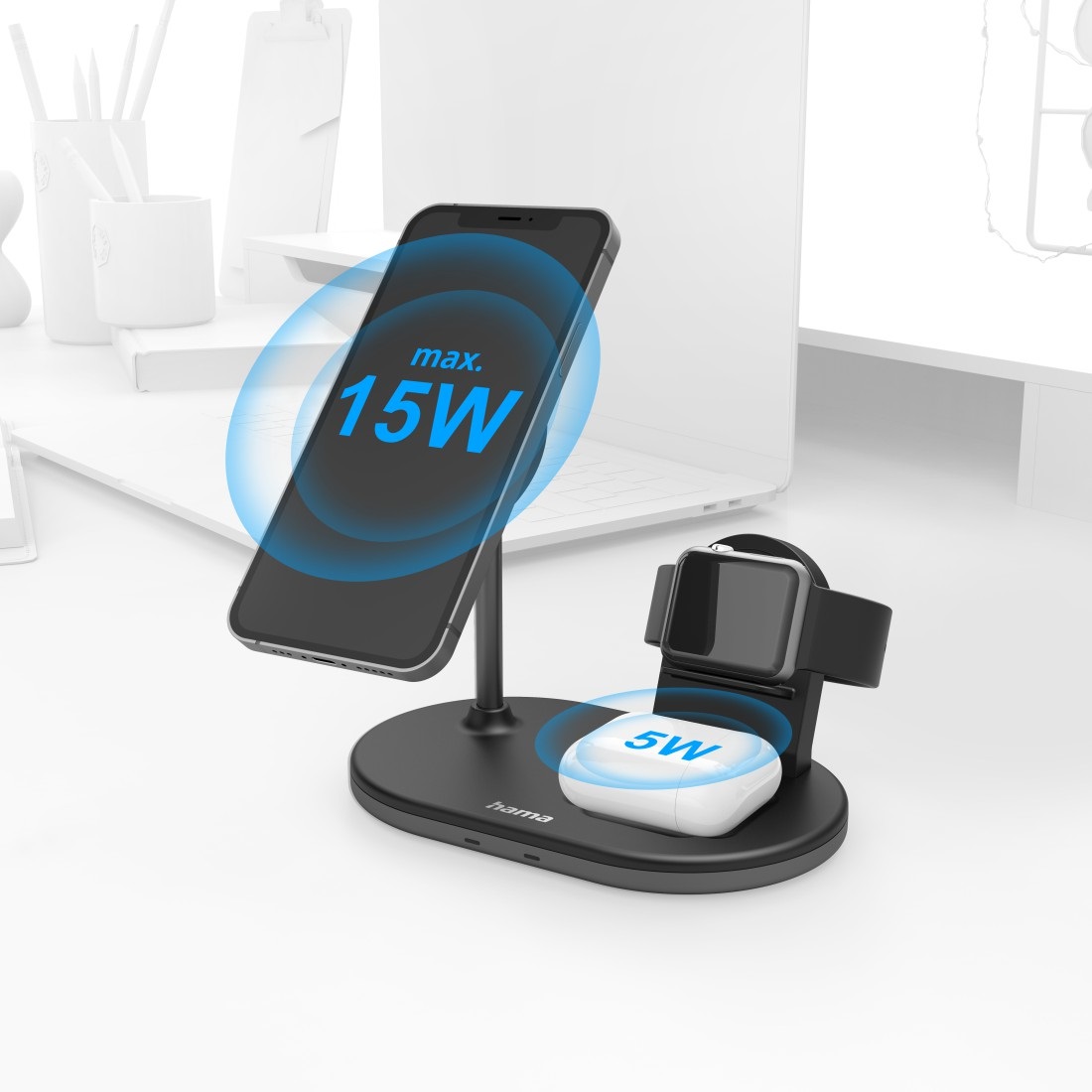 Hama MagCharge Caricabatterie Wireless 15 W per Apple iPhone, AirPod e Watch - Ricarica Rapida Magnetica, Nero
