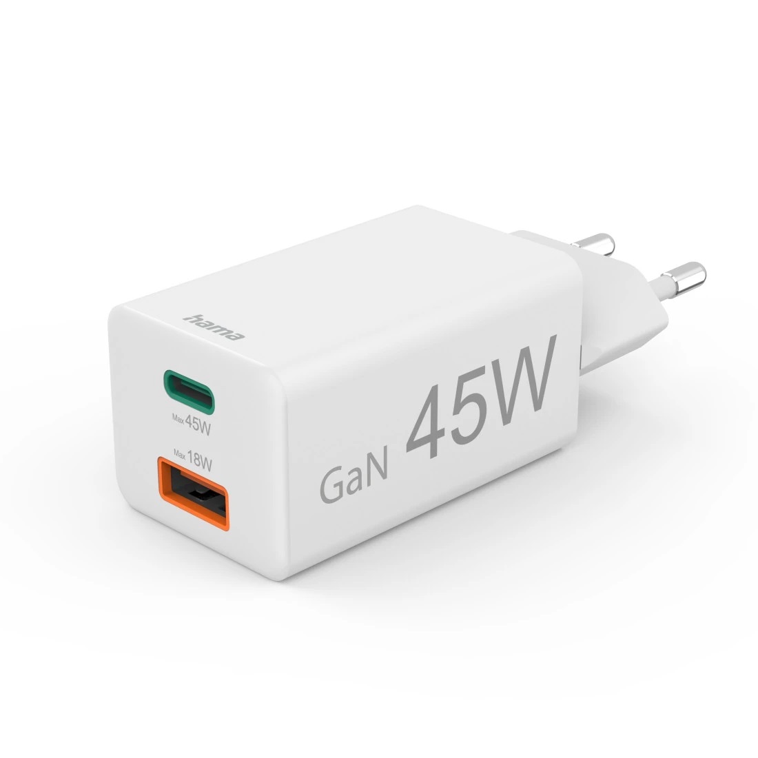 Hama Caricabatterie Rapido 45W - USB-C PD e USB-A QC, Tecnologia GaN, Compatto e Leggero, Bianco
