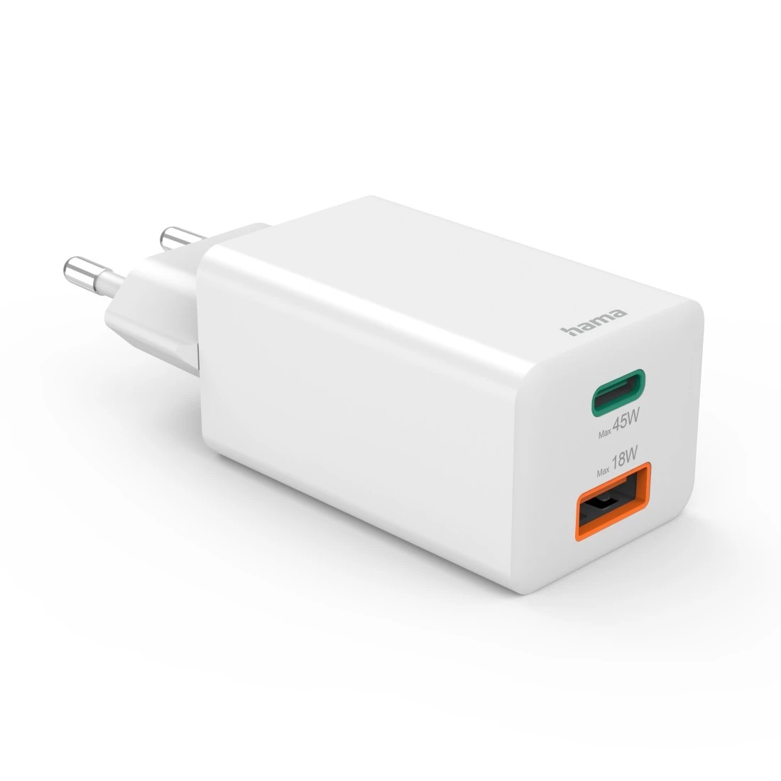 Hama Caricabatterie Rapido 45W - USB-C PD e USB-A QC, Tecnologia GaN, Compatto e Leggero, Bianco