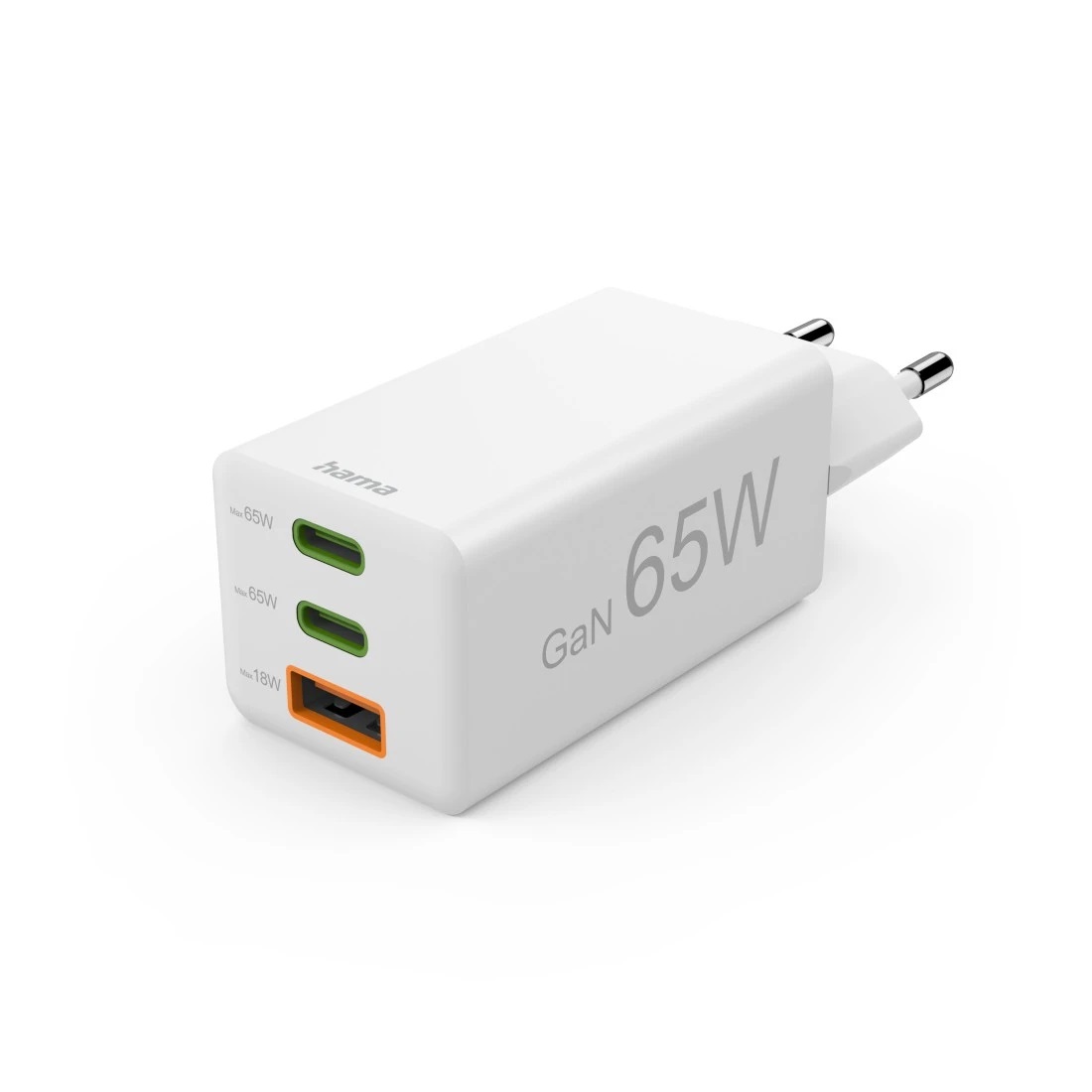Hama Caricabatterie Rapido GaN 65W - 2x USB-C PD e 1x USB-A QC, Design Compatto e Leggero, Bianco