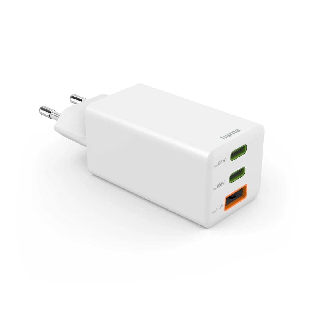 Hama Caricabatterie Rapido GaN 65W - 2x USB-C PD e 1x USB-A QC, Design Compatto e Leggero, Bianco