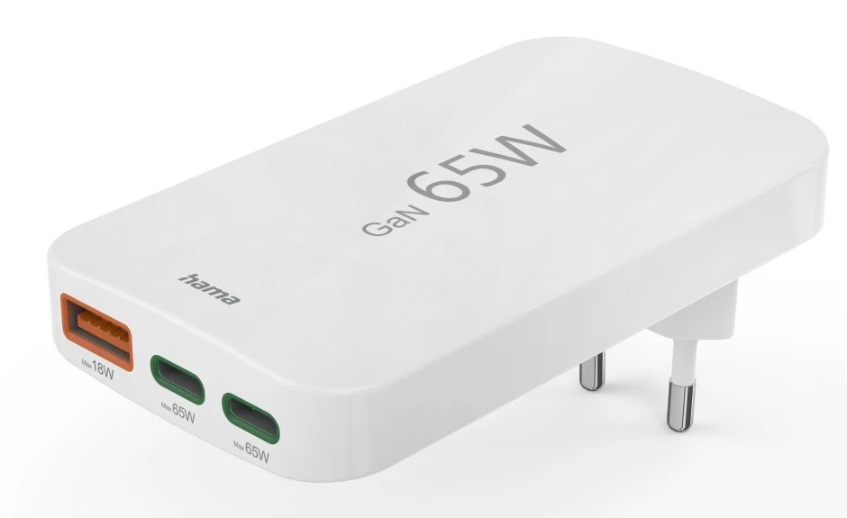Hama Caricatore USB C 65W - Caricatore Rapido con 2 USB-C e 1 USB-A, Supporto Power Delivery e Tecnologia GaN