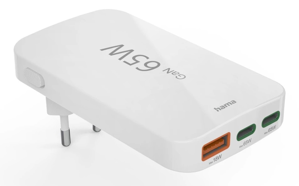 Hama Caricatore USB C 65W - Caricatore Rapido con 2 USB-C e 1 USB-A, Supporto Power Delivery e Tecnologia GaN