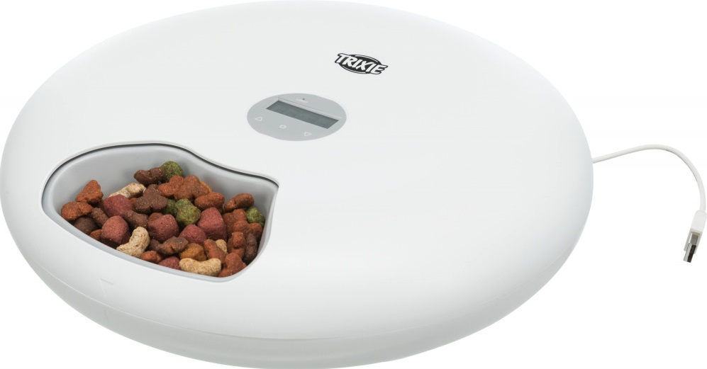Trixie TX5 1 Distributore Automatico di Cibo e Acqua per Cani e Gatti, 6 x 180 ml, Programmabile fino a 5 Pasti al Giorno, Bianco, 32 x 8 cm