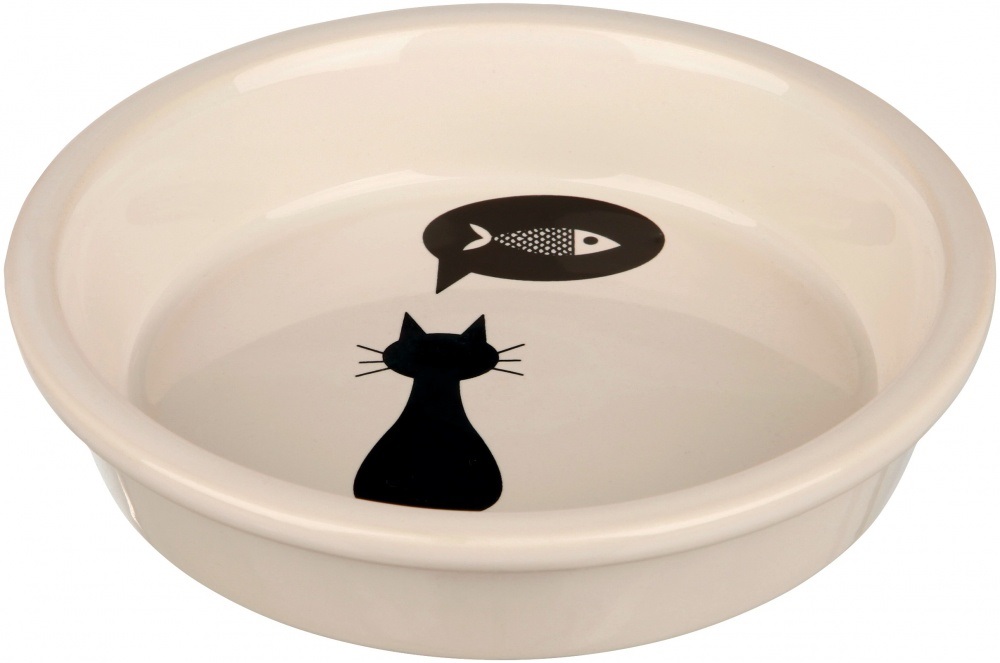 TRIXIE Ciotola in Ceramica per Gatti - 250 ml, Diametro 13 cm, Bianco/Nero con Motivo a Gatto