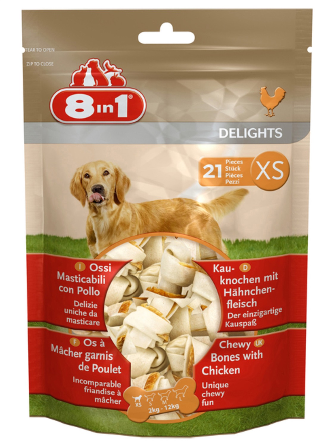 8in1 Delights Snack per Cani al Pollo XS - 21 Pezzi, con Petto di Pollo e Pelle di Manzo, Ideale per la Cura dei Denti