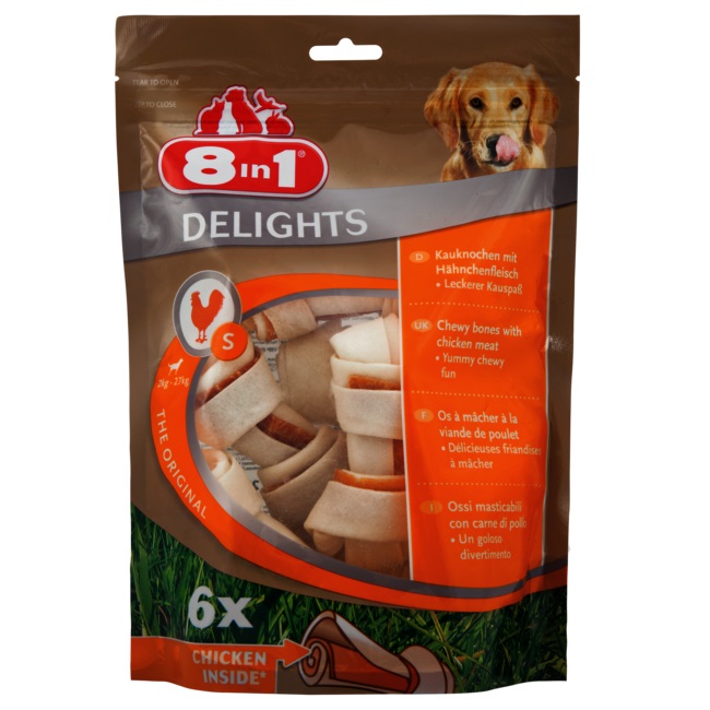 8in1 Delights Ossi da Masticare Pollo per Cani Piccoli - 210 g, 6 Pezzi, Snack Dentale con Pelle di Manzo e Petto di Pollo