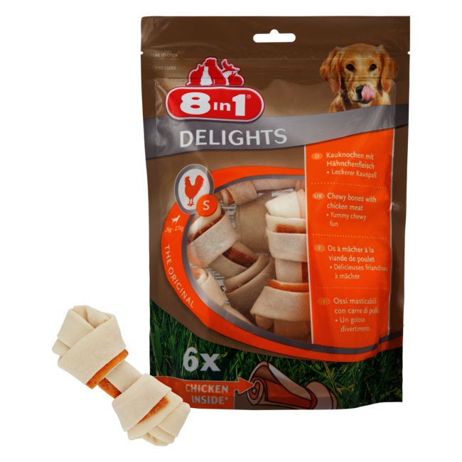 8in1 Delights Ossi da Masticare Pollo per Cani Piccoli - 210 g, 6 Pezzi, Snack Dentale con Pelle di Manzo e Petto di Pollo