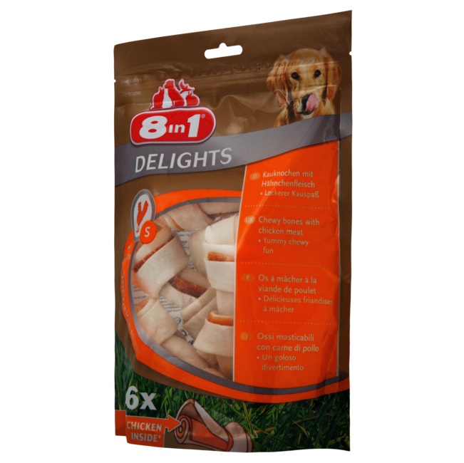 8in1 Delights Ossi da Masticare Pollo per Cani Piccoli - 210 g, 6 Pezzi, Snack Dentale con Pelle di Manzo e Petto di Pollo