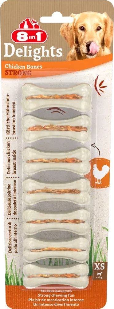 8in1 Delights Strong Ossi da Masticare Pollo XS - Snack per Cani con Pelle di Manzo e Petto di Pollo, 7 Pezzi (140 g)