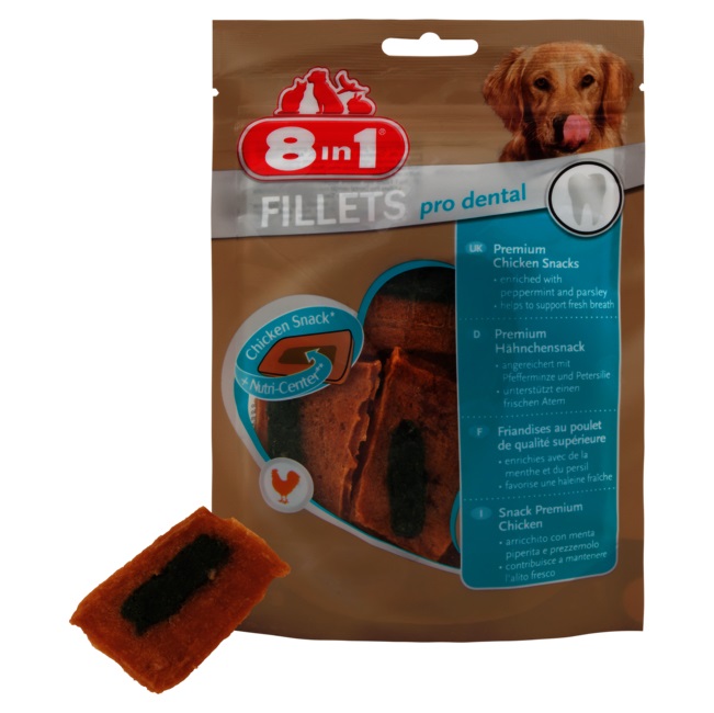 8in1 Fillets Pro Dental Snack per Cani - Alito Fresco con Pollo, Menta e Prezzemolo - 80 g
