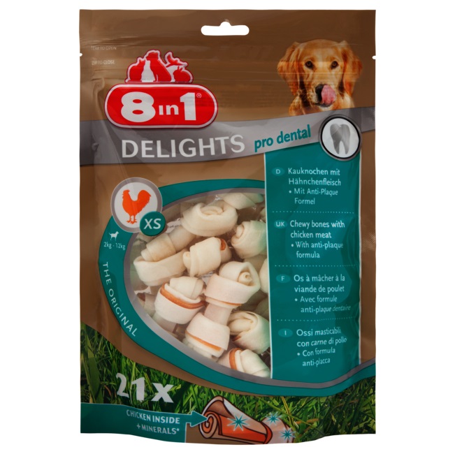 8in1 Pro Dental Bones XS - Ossi da Masticare Sani per Cani di Piccola Taglia con Pollo e Pelle di Manzo, 21 Pezzi (252 g)