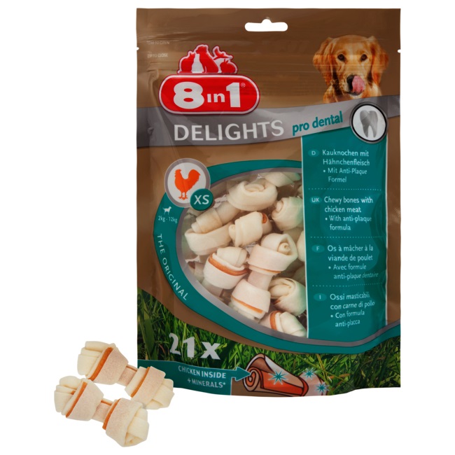 8in1 Pro Dental Bones XS - Ossi da Masticare Sani per Cani di Piccola Taglia con Pollo e Pelle di Manzo, 21 Pezzi (252 g)