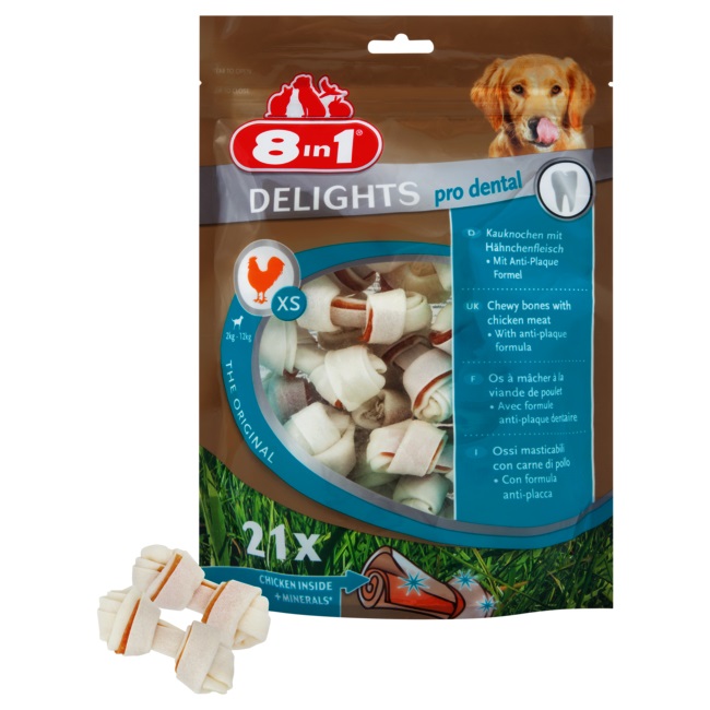 8in1 Pro Dental Bones XS - Ossi da Masticare Sani per Cani di Piccola Taglia con Pollo e Pelle di Manzo, 21 Pezzi (252 g)