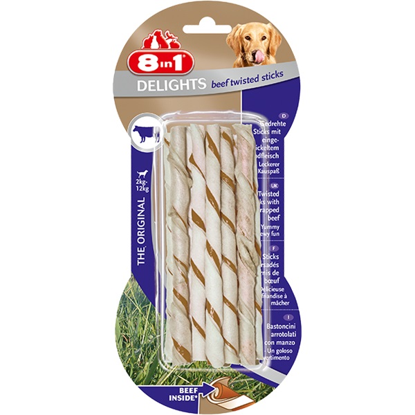 8IN1 Delights Beef Twisted Sticks - Bastoncini Masticabili per Cani con Carne di Manzo e Pelle di Bovino, 10 Pezzi