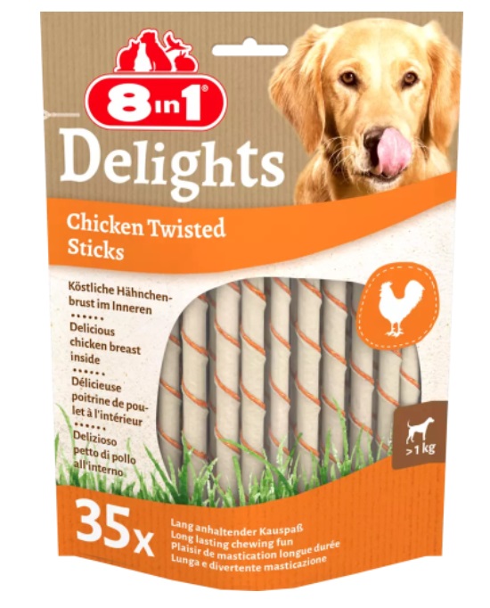 8in1 Delights Chicken Twisted Sticks - Bastoncini da Masticare per Cani con Pollo e Pelle di Manzo, 35 Pezzi, Ricchi di Proteine e Basso Contenuto di Grassi