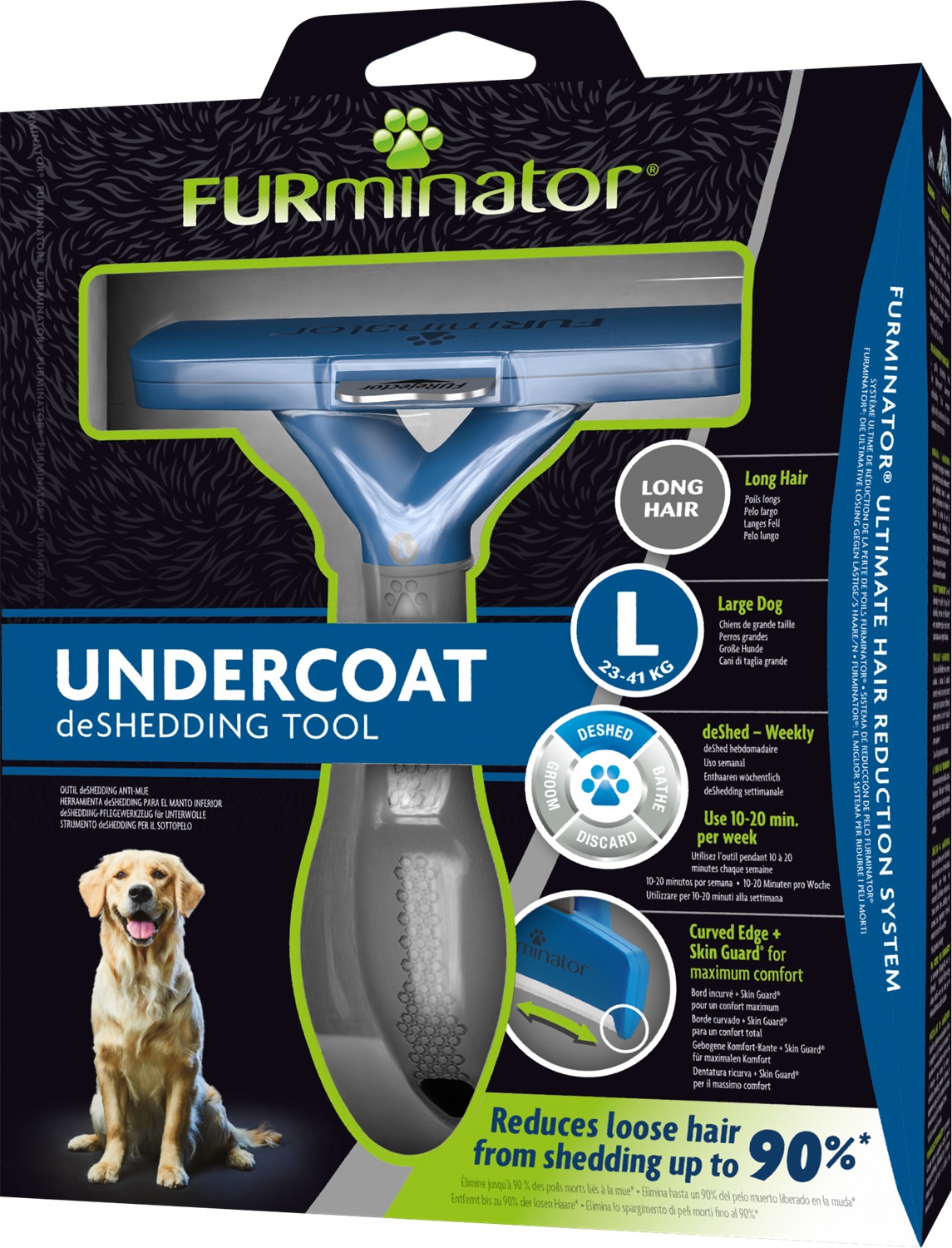 FURminator Strumento deShedding per Cani di Taglia Grande a Pelo Lungo - Taglia L, Acciaio Inossidabile, Riduzione Spargimento Fino al 90%