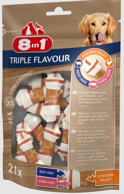 8in1 Triple Flavour Ossi da Masticare XS - Gusto Manzo, Pollo e Maiale, 21 Pezzi