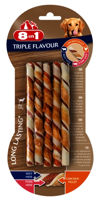 8in1 Triple Flavour Bastoncini Arrotolati Masticabili per Cani - Manzo, Pollo e Maiale, 70 g, 10 pz