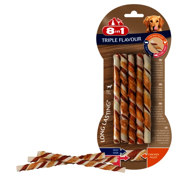 8in1 Triple Flavour Bastoncini Arrotolati Masticabili per Cani - Manzo, Pollo e Maiale, 70 g, 10 pz