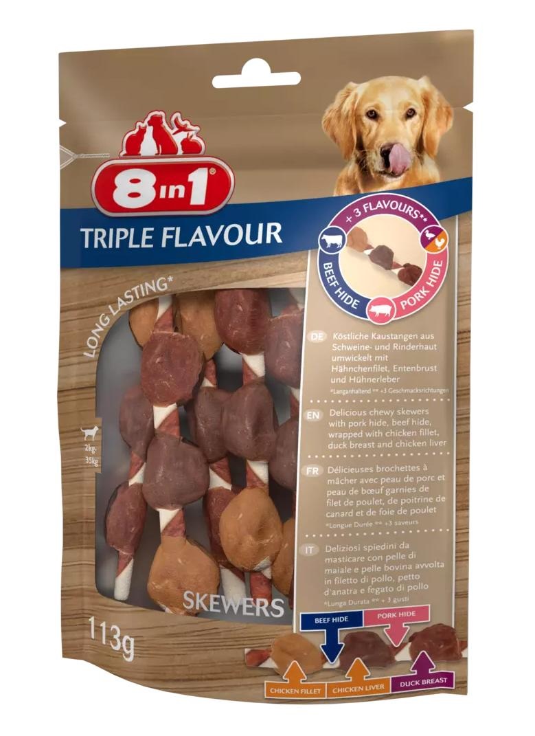 8in1 Triple Flavour Spiedini per Cani - Petto di Pollo, Petto d'Anatra e Fegato di Pollo - Confezione da 6 Spiedini (113 g) - Snack Masticabili per Cani di Tutte le Taglie