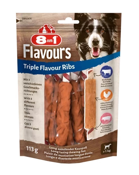 8in1 Triple Flavour Ribs - Snack per Cani a Triplo Sapore (Pelle di Maiale, Pelle di Manzo, Petto di Pollo) - Costolette Masticabili da 113 g (6 pz)