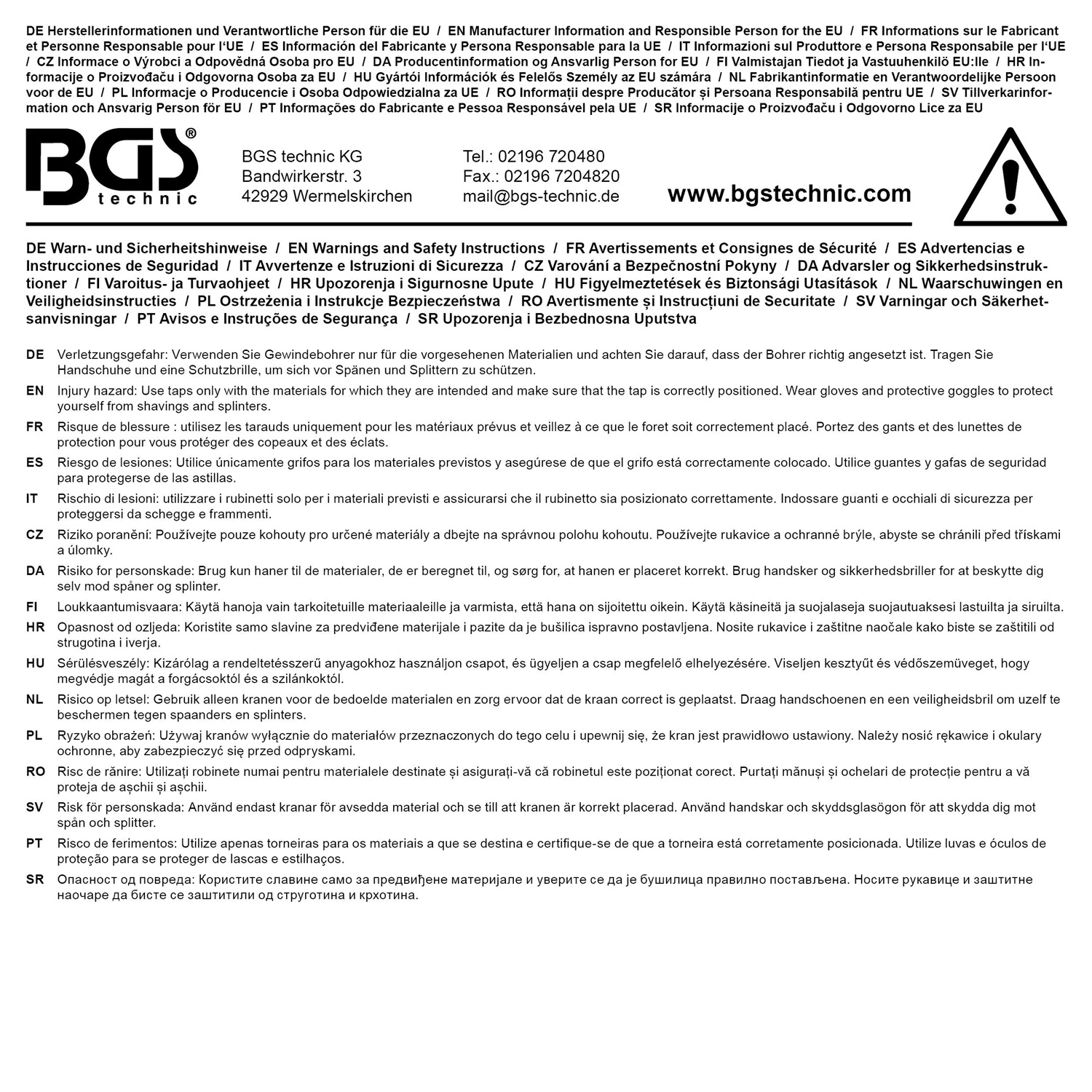 BGS Rubinetto STI a Taglio Singolo HSS-G M16 x 1,5 mm con Scanalatura Dritta