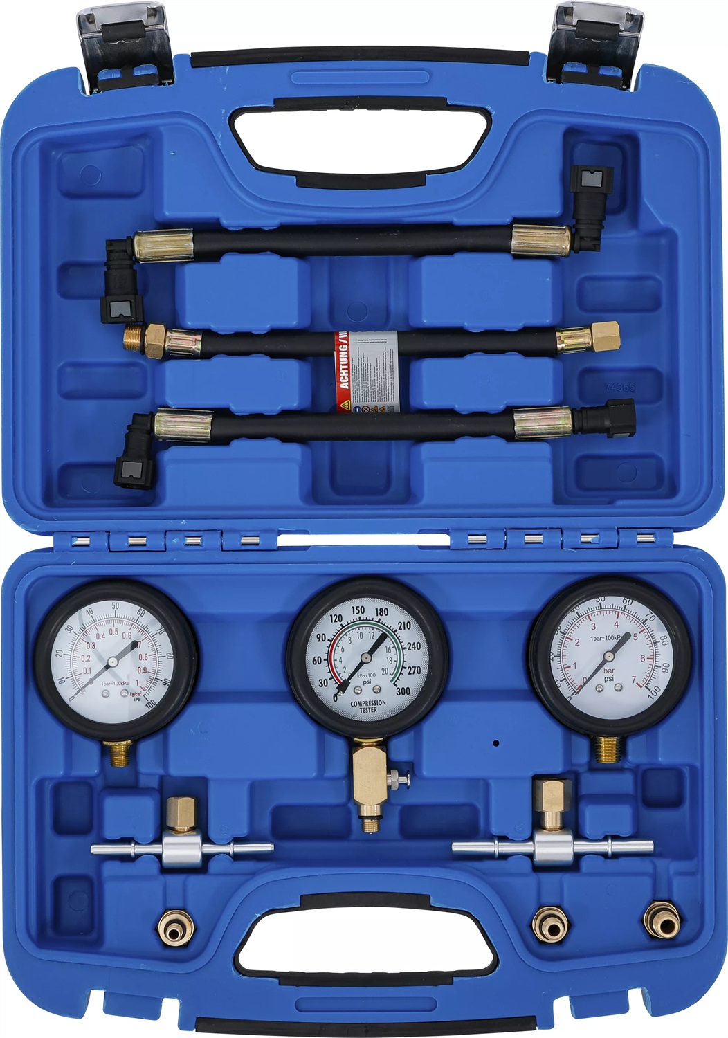 BGS technic Set di Tester per Pressione del Carburante e Compressione - 11 Pezzi, Adatto per Motociclette, Filettature M8, M10, M12, M14
