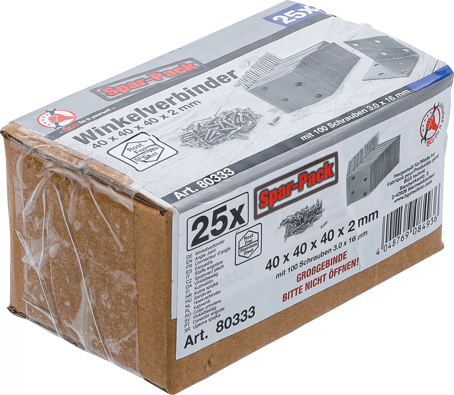 BGS Staffa Angolare Inossidabile 40x40 mm - Confezione da 25 Pezzi per Costruzioni in Legno