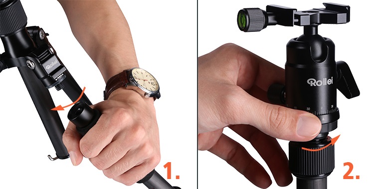 Rollei Compact Traveler No. 1 Carbon Treppiede da Viaggio Leggero in Carbonio, 3 Gambe, Altezza Regolabile da 49 a 145 cm, Colore Nero e Arancione