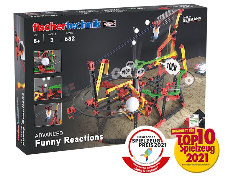 fischertechnik Advanced Funny Reactions 559890 - kit di costruzione con reazioni a catena per bambini dai 7 anni, include teleferica e catapulto