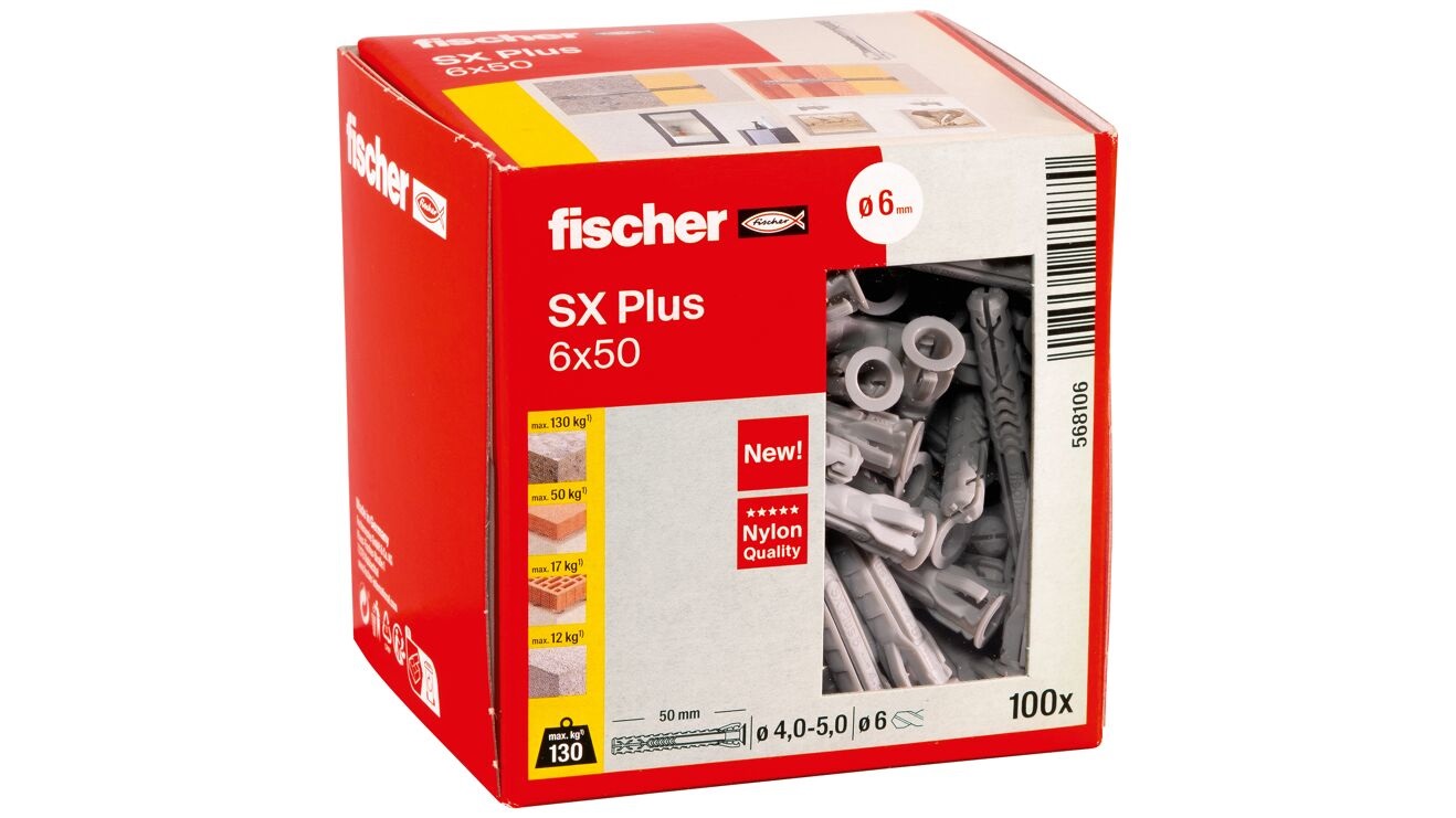 Fischer SX Plus Tasselli di Espansione in Nylon 6x50 mm - 100 pz per Fissaggio su Muro Pieno, Mattone Forato, Muratura e Calcestruzzo