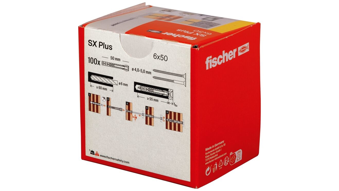 Fischer SX Plus Tasselli di Espansione in Nylon 6x50 mm - 100 pz per Fissaggio su Muro Pieno, Mattone Forato, Muratura e Calcestruzzo