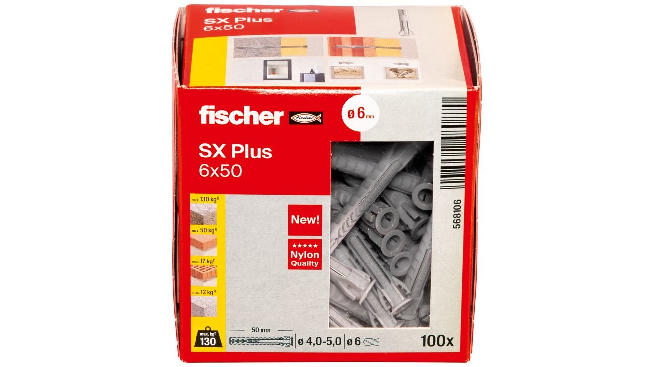 Fischer SX Plus Tasselli di Espansione in Nylon 6x50 mm - 100 pz per Fissaggio su Muro Pieno, Mattone Forato, Muratura e Calcestruzzo