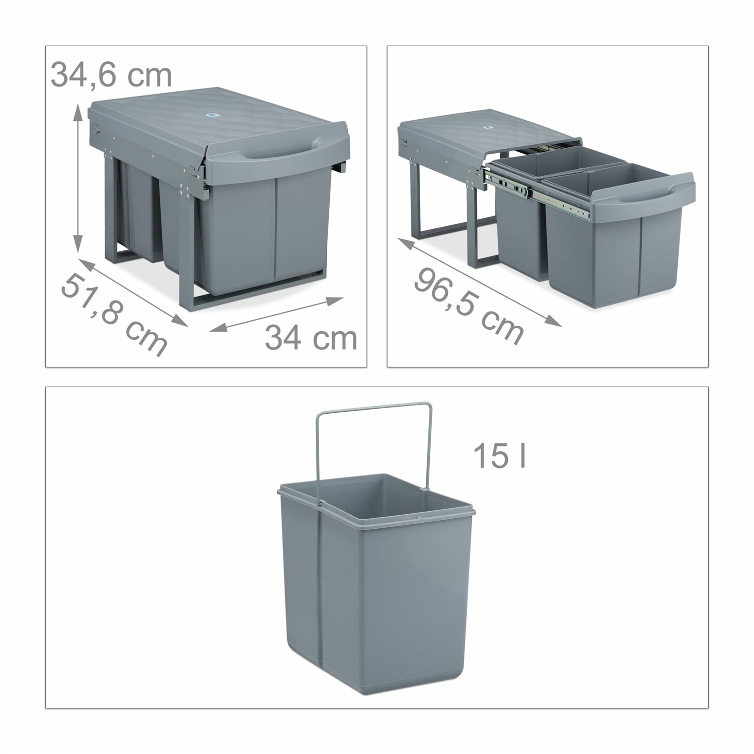 Relaxdays Cestino da Incasso Estraibile 2x15L Grigio con Guide Telescopiche per Raccolta Differenziata