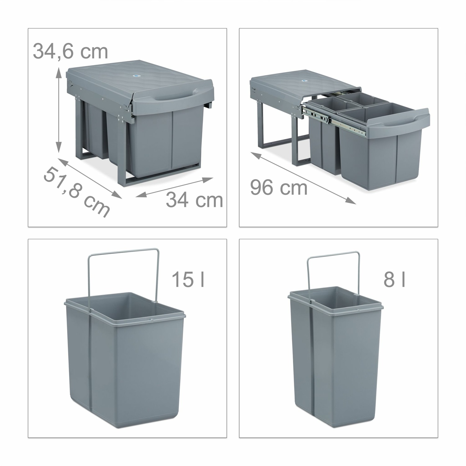 Relaxdays Pattumiera Estraibile Grigia con 3 Secchi per Raccolta Differenziata, 15L Totali, Dimensioni 34,6x34x51,8 cm
