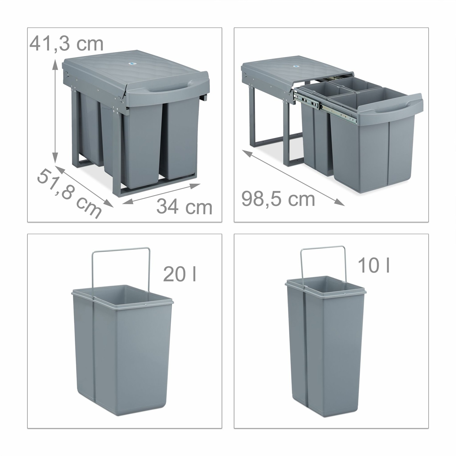 Relaxdays Pattumiera Estraibile Grigia per Raccolta Differenziata, 3 Bidoni da 20L e 10L, Dimensioni 41,3x34x51,8 cm