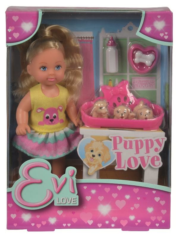 Simba Evi Puppy Love - Bambola con 3 Cuccioli, Cesta Rosa, Biberon e Ciotola, Altezza 12 cm