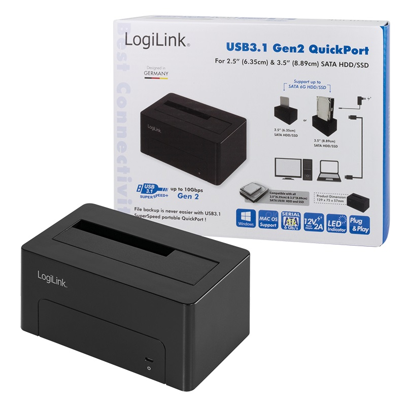 LogiLink QP0027 Docking Station per Dischi Rigidi SATA da 2,5'' e 3,5'' con USB 3.1 Gen 2 Type-C - Nero