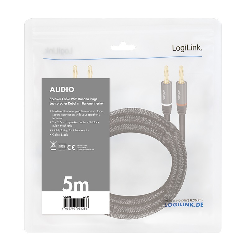 LogiLink Cavo per Altoparlanti 5m con 2x Spinotti a Banana in Nylon Nero