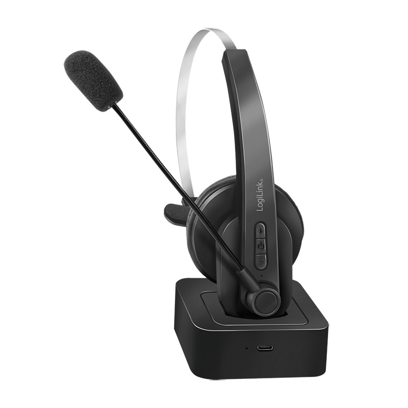 LogiLink BT0059 Cuffia Auricolare Wireless A Padiglione con Base di Ricarica per Ufficio - Nero