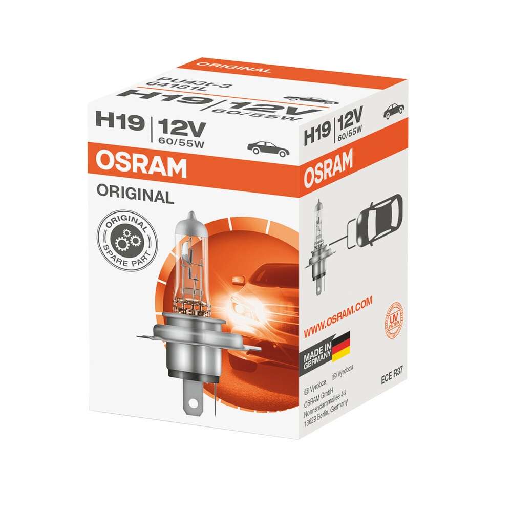 OSRAM H19 Lampadina Alogena 60/55W 12V 3200K - Faro di Profondità, Compatibile con HYUNDAI i20 III e FIAT 500e