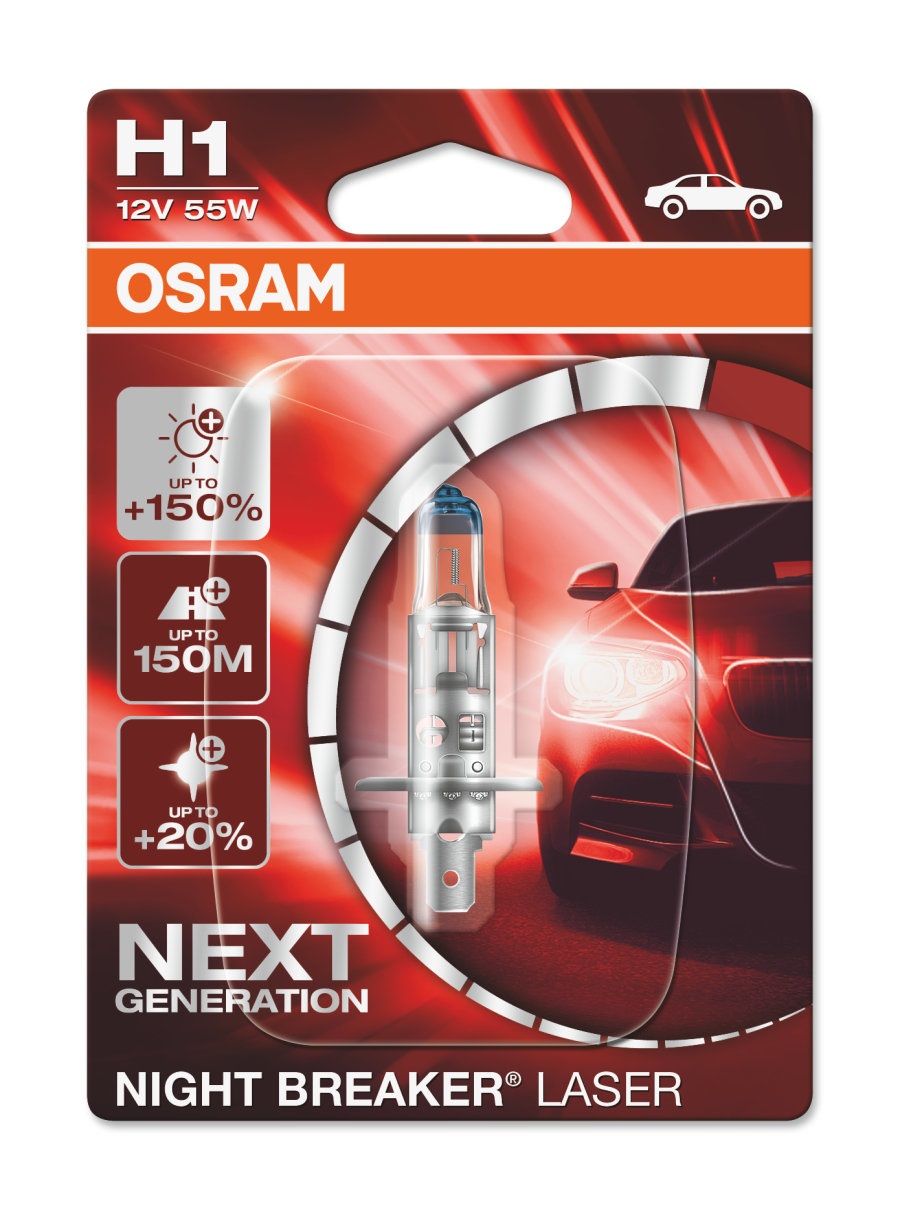 OSRAM Night Breaker Laser H1 - Lampada alogena 12V, 55W, 150% di luminosità, fascio fino a 150 m, scatola pieghevole