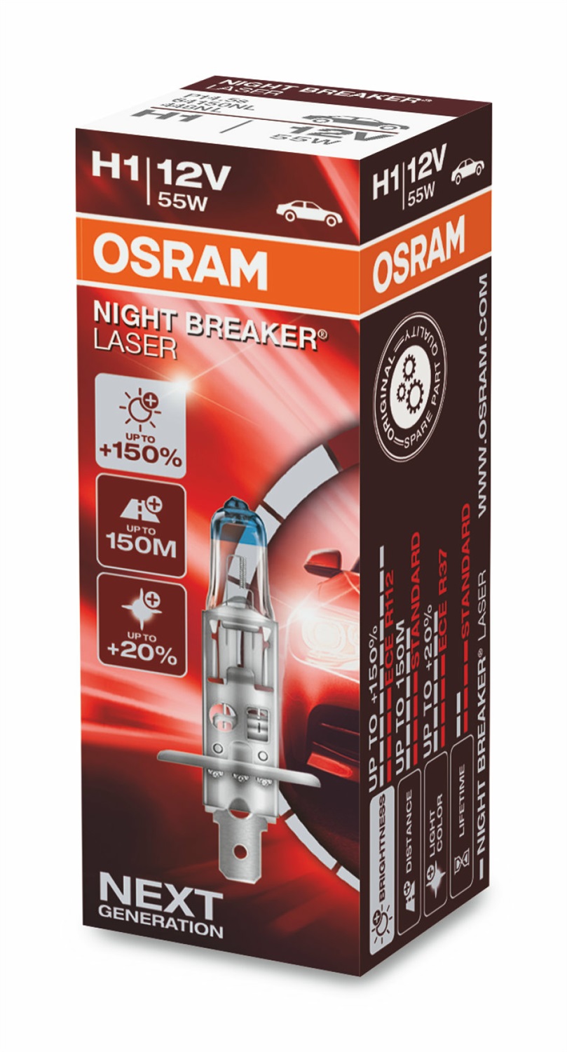 OSRAM Night Breaker Laser H1 - Lampada alogena 12V, 55W, 150% di luminosità, fascio fino a 150 m, scatola pieghevole
