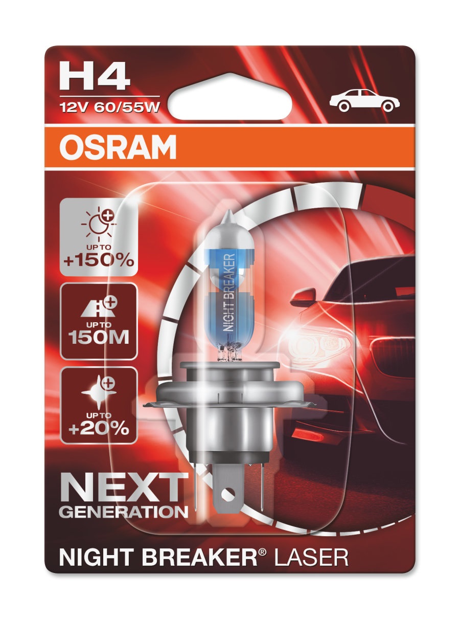 OSRAM Night Breaker Laser H4 - Lampadina Alogena 60/55W, 150% di Luce, 12V, 4200K, Omologata per Uso Stradale